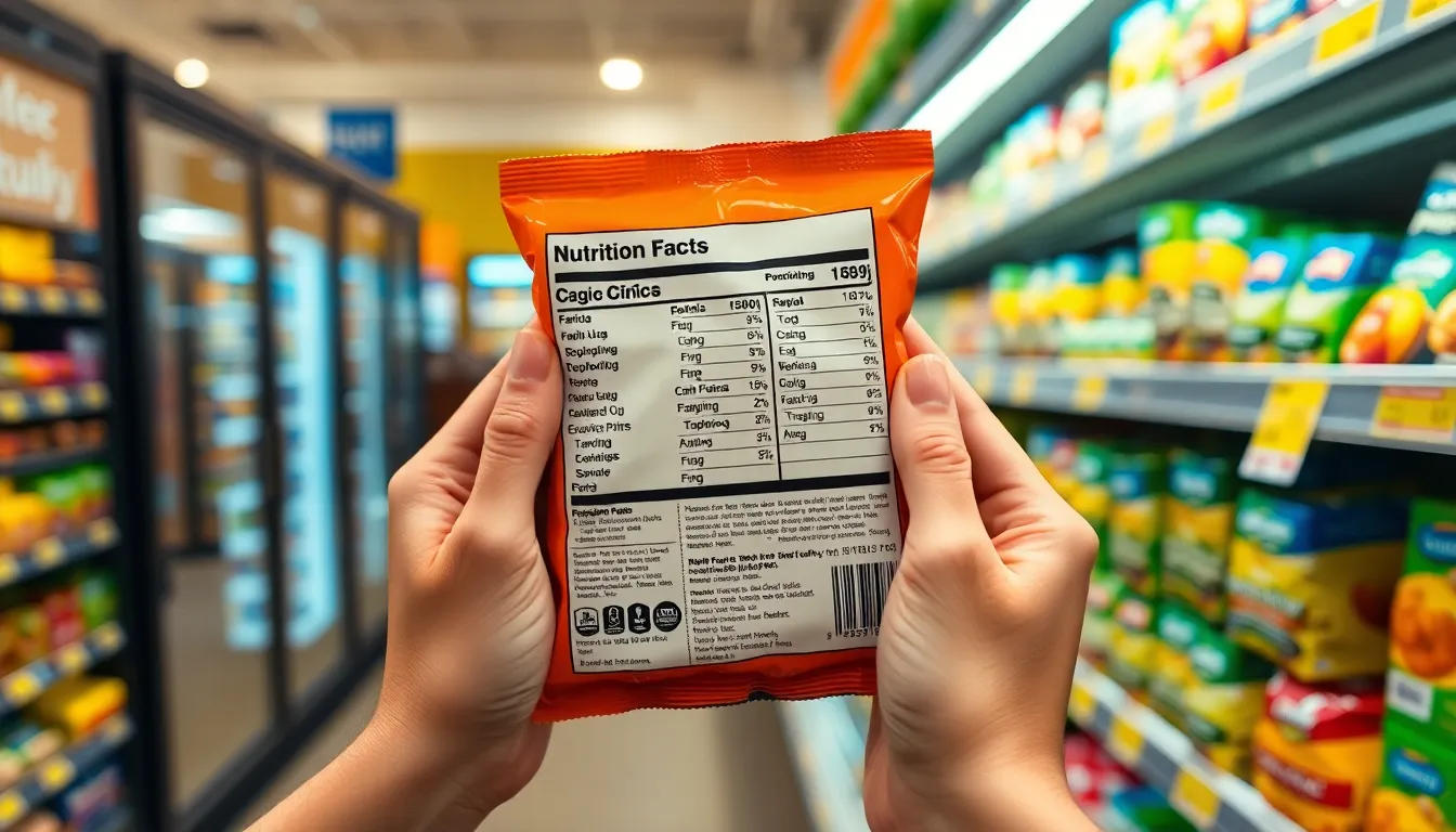 Person reading nutrition facts label on snack package checking carbs
